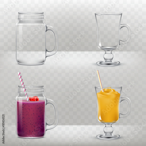 Set of vector illustrations of glass cups for smoothies, cocktails empty and with various drinks with straws for drinking in a realistic style.