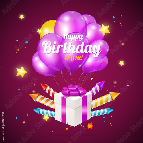 Realistic 3d Detailed Color Balloons and Present Box Birthday Card Concept. Vector
