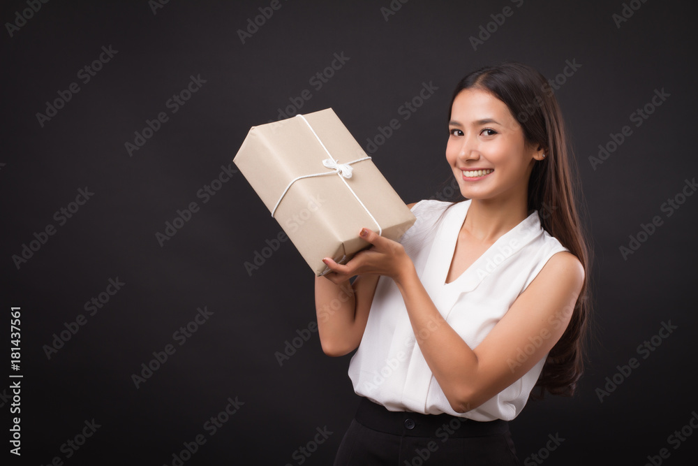 asian woman holding parcel box, shopping delivery concept asian woman holding parcel box, shopping delivery concept