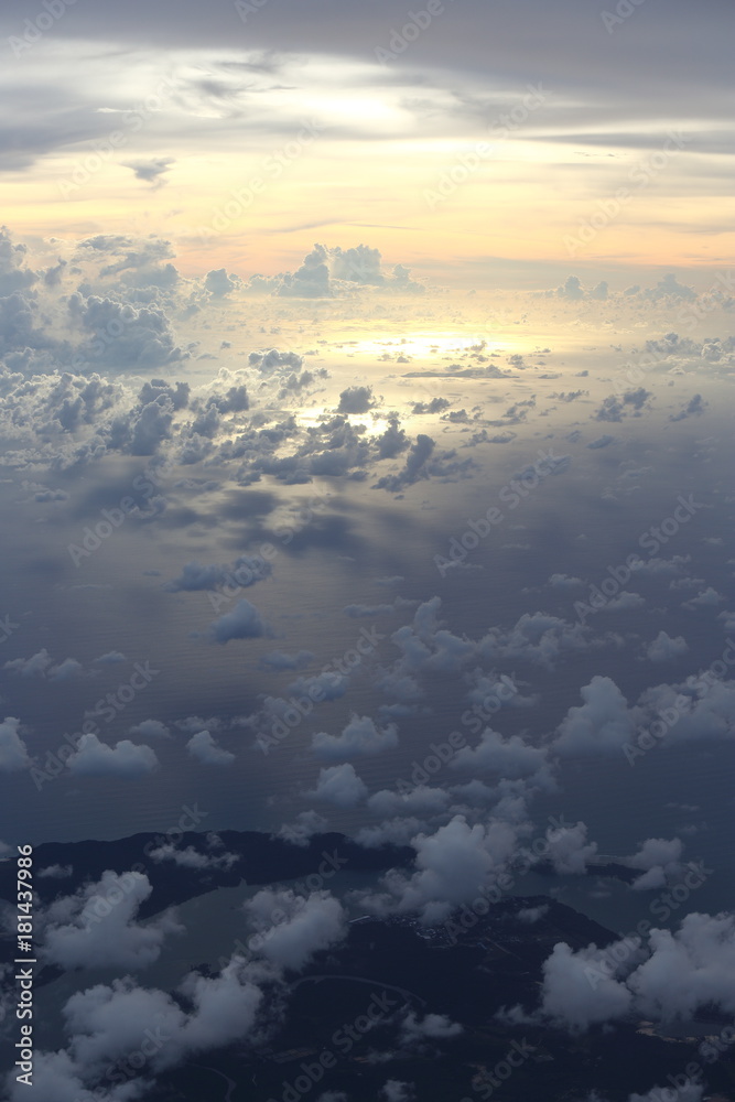 Sunset White Cloud sky at high level attitude, view from window airplane Sunset White Cloud sky at high level attitude, view from window airplane