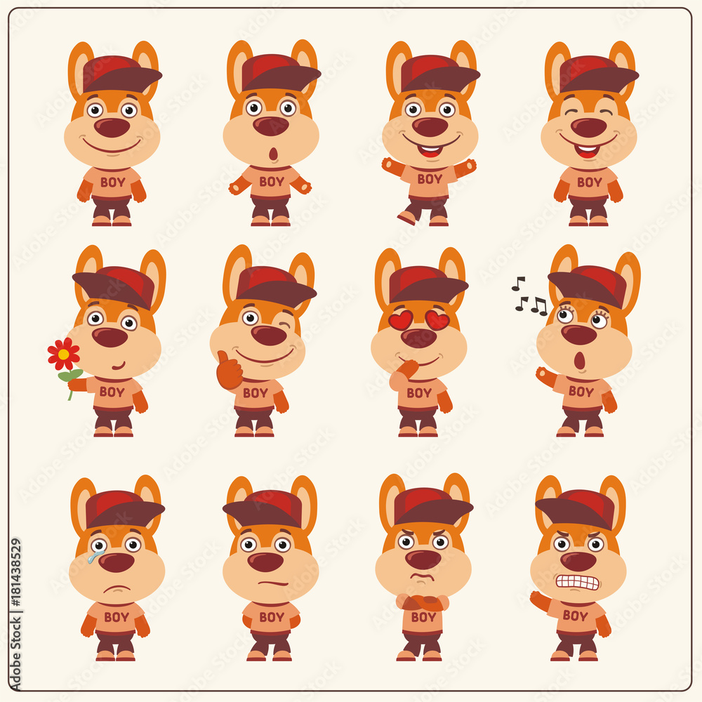 Obraz premium Set of bunny rabbit little boy in cartoon style. Collection of isolated bunny rabbit in clothes and cap.