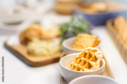 Belgian waffles with blur cookies, bread for breakfast or tea time, Desserts and Food Concepts.