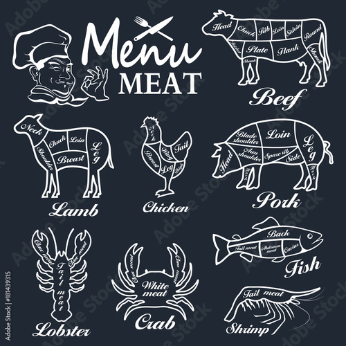 Meat menu. Set of butcher shop labels