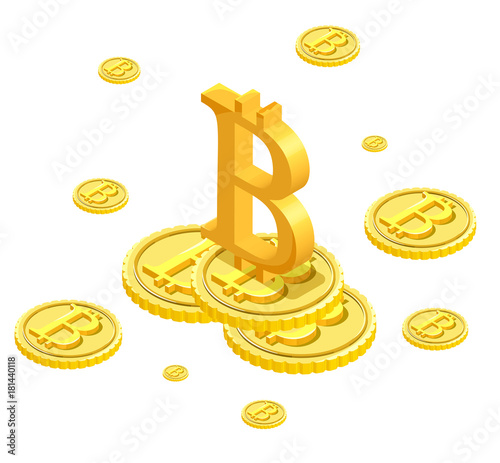 Bitcoin isometric isolated icons, cryptocurrency golden coin, digital money objects, 3d vector illustration of modern financial symbols, wealth concept