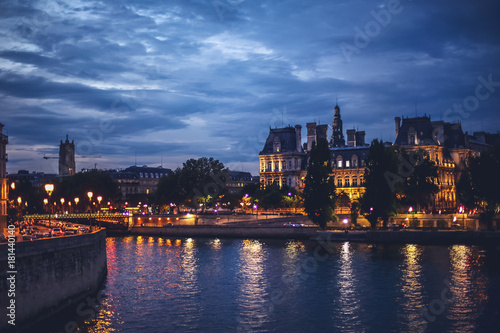 Night in Paris  beautiful city landscape  city lights reflected in the river