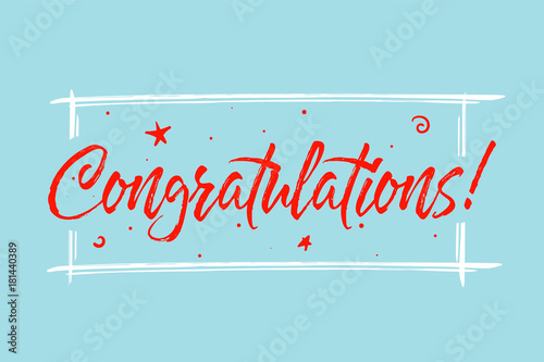 Congrats, Congratulations card. Beautiful greeting scratched calligraphy red text word frame stars. Hand drawn invitation design. Handwritten modern brush lettering blue background vector