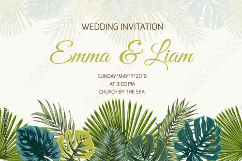 Wedding marriage event invitation card template. Exotic tropical jungle rainforest bright green palm tree and turquoise monstera leaves on beige background. Horizontal landscape. Text placeholder.