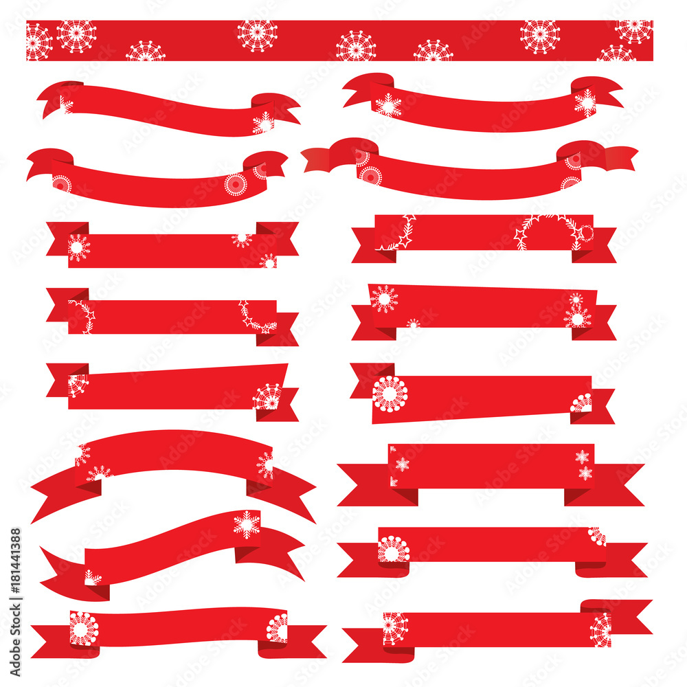 Red Christmas ribbon banners with snowflakes