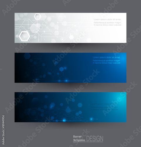 Vector illustration, Abstract banners set of circuit board on hexagons background. Hi-tech digital technology and engineering, digital telecom concept. futuristic on dark blue color background