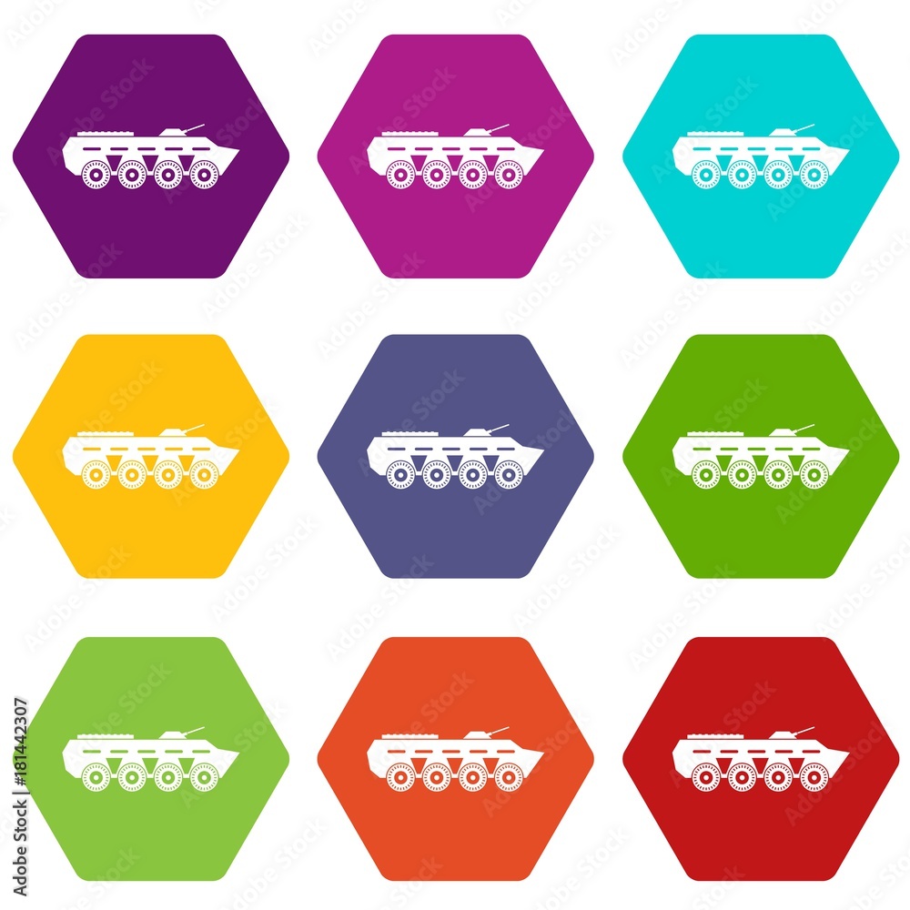 Army battle tank icon set color hexahedron