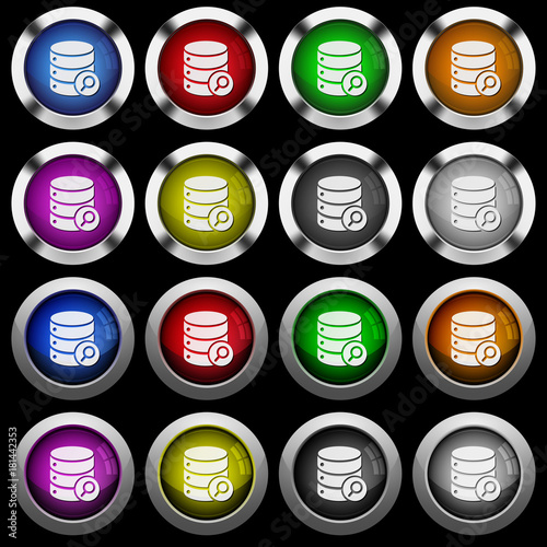 Database search white icons in round glossy buttons on black background