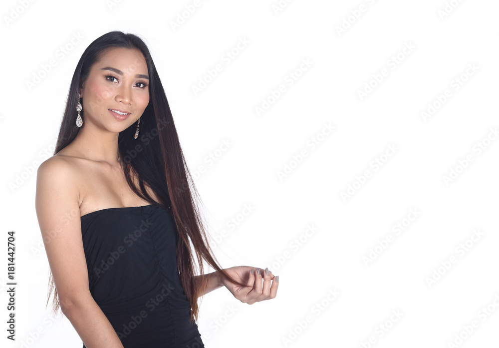 Asian Long straight black hair tan skin woman in Black dress Asian Long straight black hair tan skin woman in Black dress