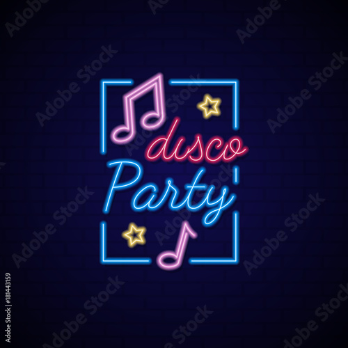 Neon sign disco party. Music party. Concept of neon signboard for nightclub.