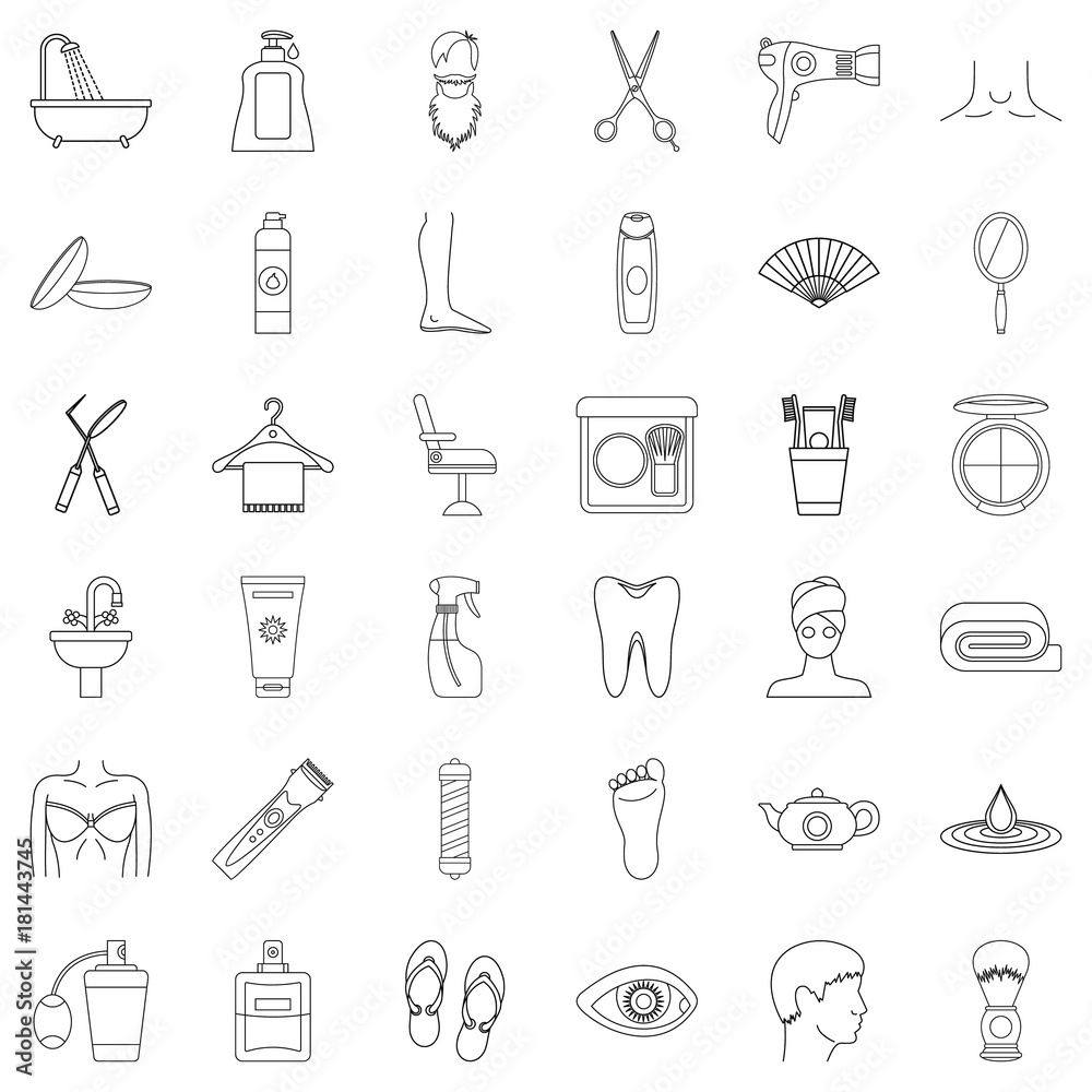 Cleaning icons set, outline style Cleaning icons set, outline style