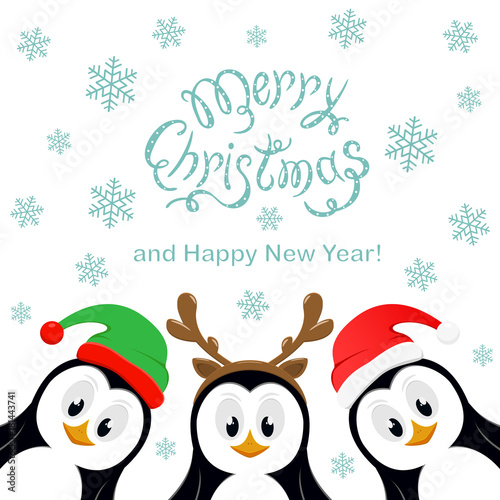 Merry Christmas with snowflakes and three penguins on white background