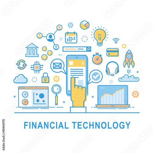 Financial technology vector, fin-tech concept  background with hand and smartphone. Icon set for infographic. Thin line design. 