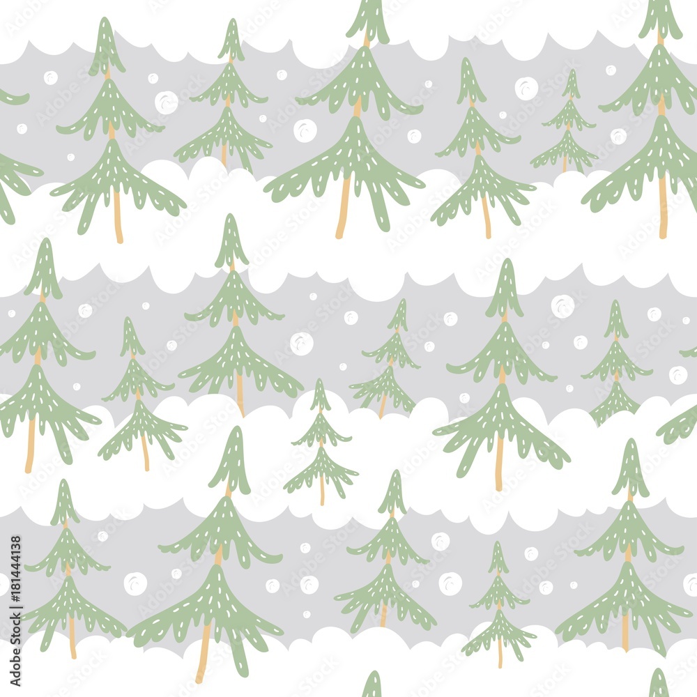 Winter seamless pattern with christmas trees. Hand drawn vector illustration. Wrapping paper.