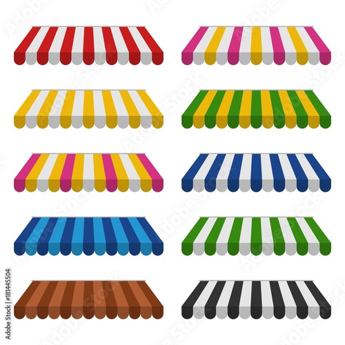 Awnings set isolated on white background. Striped colorful sunshade for shops, cafes and street restaurants. Outside canopy from the sun. Vector illustration photo