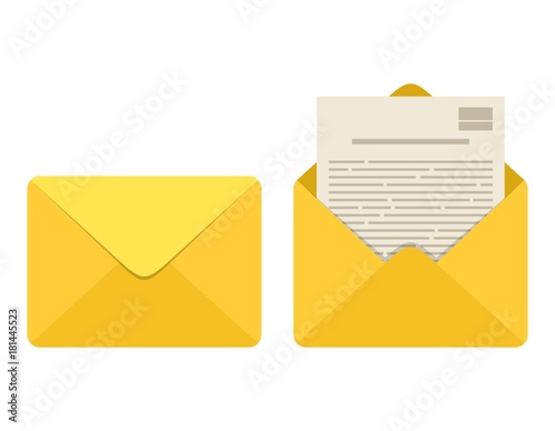 Opened and closed envelope with note paper card isolated on white background. Mail icon. Emailing and communication. Template design for social network, web or mobile app. Vector illustration