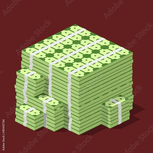 Big stacked pile of cash. Hundreds of dollars in flat style isometric. Huge stacked pile of hundred us dollar cash. Big money concept. Vector illustration