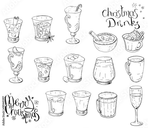 Set of different Christmas and winter drinks. Elements isolated on white for restaurant and cafe menu. Black and white, hand drawn. Calligraphy phrase Merry Christmas