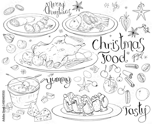 Set with traditional Christmas food isolated on white. Black and white, contour, hand drawn. Lettering phrases included.