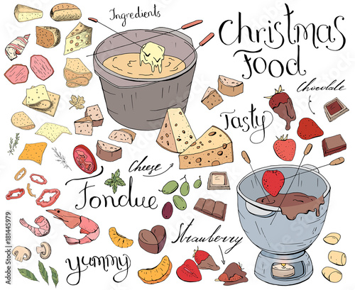 Set with festive fondue isolated on white. Cheese,fruit and chocolate fondue. Grocery products, hand drawn. Soft simple color, contour.