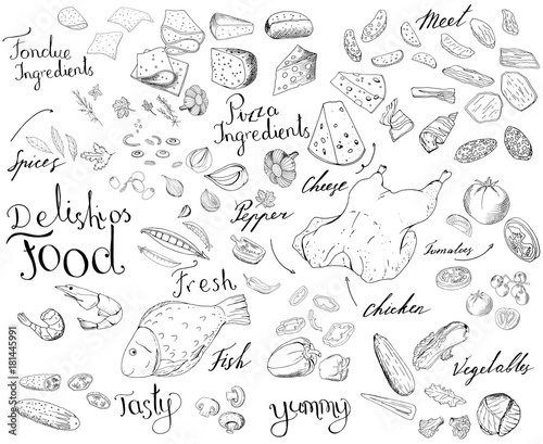 Set with different food isolated on white. Calligraphy phrases. Grocery products  hand drawn. Black and white  contour.