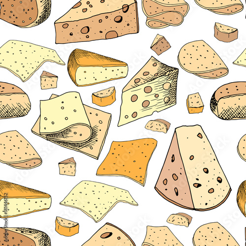 Seamless pattern with different slices of cheese. Endless texture for restaurant and cafe menu, design,decoration.