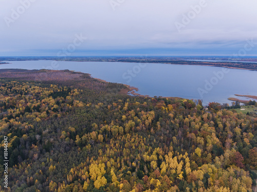 Aerial view over Autumn season woods in Lithuania rural village. photo