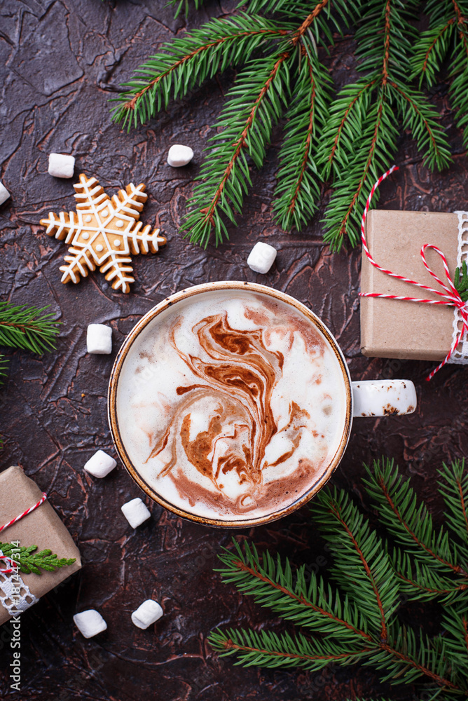 Christmas background with latte and gift boxes Christmas background with latte and gift boxes