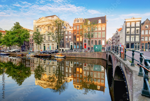 Amsterdam Canal houses vibrant reflections, Netherlands, panorama