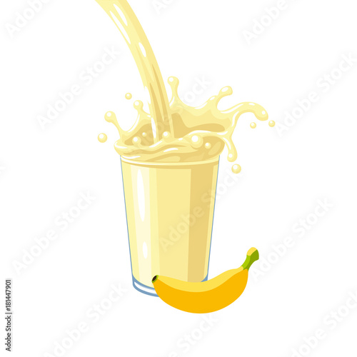 Colorful fruit milkshake design. Yellow milky flow and splash in full glass of banana milk shake. Vector illustration cartoon flat icon isolated on white.