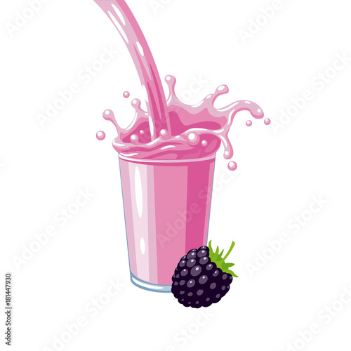 Colorful fruit milkshake design. Pink milky flow and splash in full glass of blackberry milk shake. Vector illustration cartoon flat icon isolated on white.