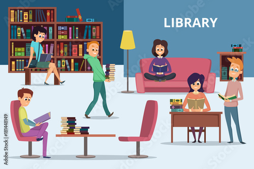 Students in library. Peoples reading books. Vector characters set