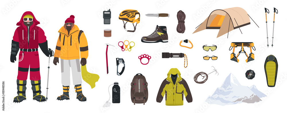 Bundle of mountaineering and touristic equipment, tools for mountain  climbing, clothing, male and female mountaineers or climbers isolated on  white background. Colorful cartoon vector illustration. Stock Vector
