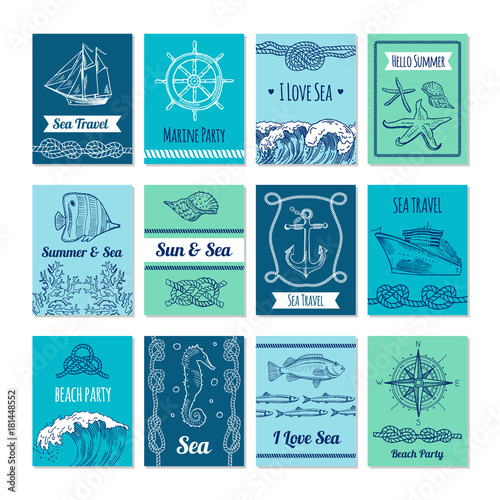 Design template of cards with marine symbols in vector stale. Nautical illustrations with place for your text
