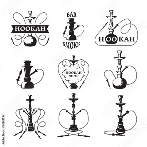 Labels set for hookah and lounge club. Vector monochrome illustrations