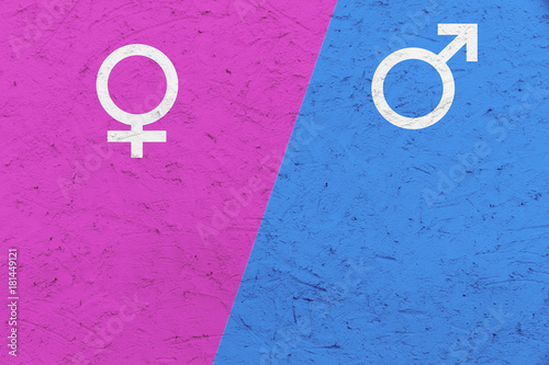 Male and female gender symbols (Mars and Venus signs) over pink and blue uneven texture background. Concept image for gender, feminine and masculine, man and woman, boy and girl.