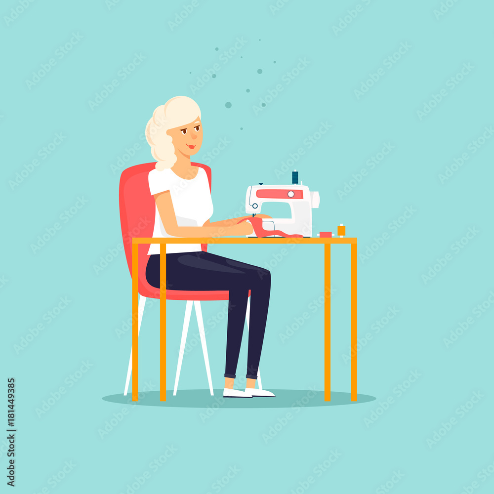 Seamstress is sewing at the table. Flat design vector illustration.