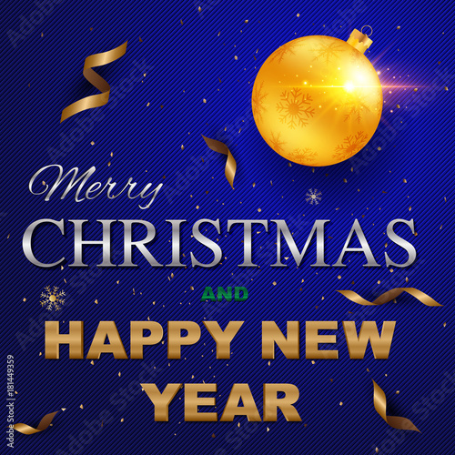 Merry Christmas and Happy New Year greeting card, colored text Design on background texture.