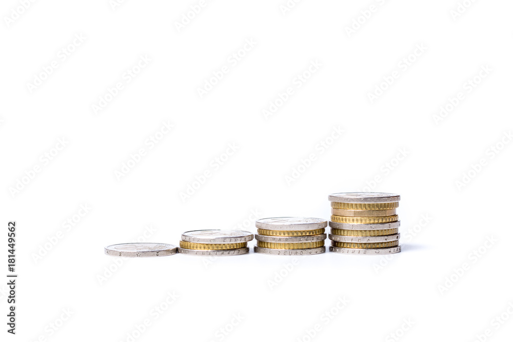 Rising stacks of Euro coins on white background concept of increasing income Rising stacks of Euro coins on white background concept of increasing income