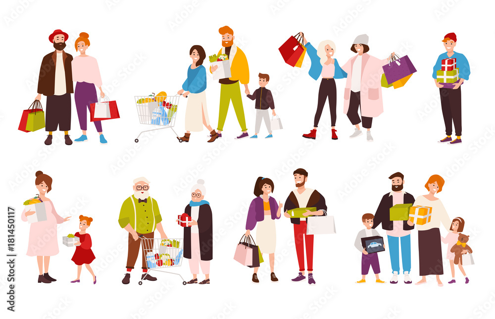 Collection of happy people carrying their purchases. Set of smiling flat cartoon characters of different age with shopping bags. Men, women and children with boxes and bags. Vector illustration.