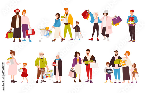 Collection of happy people carrying their purchases. Set of smiling flat cartoon characters of different age with shopping bags. Men  women and children with boxes and bags. Vector illustration.