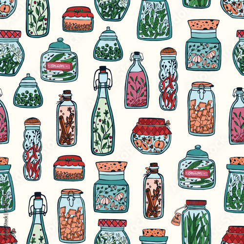Colorful seamless pattern with pickled vegetables and spices in glass jars and bottles hand drawn on white background