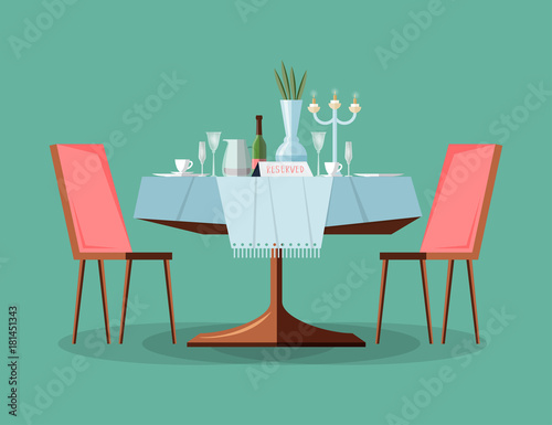 Reserved modern restaurant table with tablecloth, candles in candlestick, plant, wineglasses, reservation tabletop sign standing on it and two chairs. Bright colored cartoon vector illustration