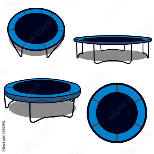 Jumping trampoline vector realistic icon. Isolated trampoline set for children and adults. Indoor or outdoor fitness jumping. Trampoline image in different view and perspective.