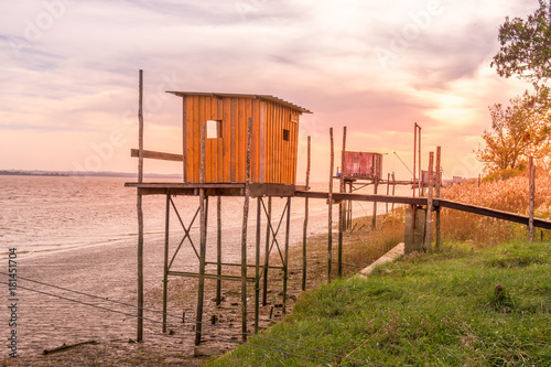 fishing shelter in the harbor of Saint-julien-Beycheville, Gironda river France photo