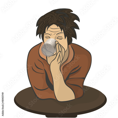 Color vector silhouette of drinking man isolated on white background. Guy sits in bar and drinks whisky. Friday evening in pub. Linear person image in minimal style. Realistic icon for bar or pub.