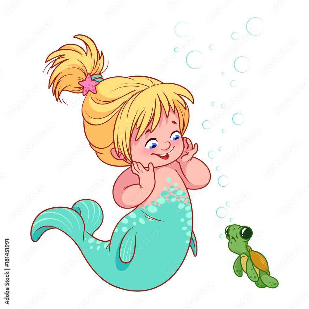 Obraz premium Cute little mermaid with funny turtle.